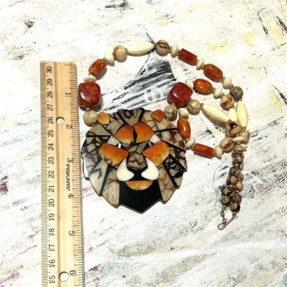 Lee Sands Designer Vintage Lion Face Stone Bead Statement Huge Necklace Retro - Picture 5 of 9